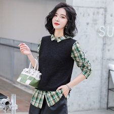 卫衣/绒衫格子拼接气质长袖2021年春季显瘦百搭优雅，女装卫衣/绒衫，魅影