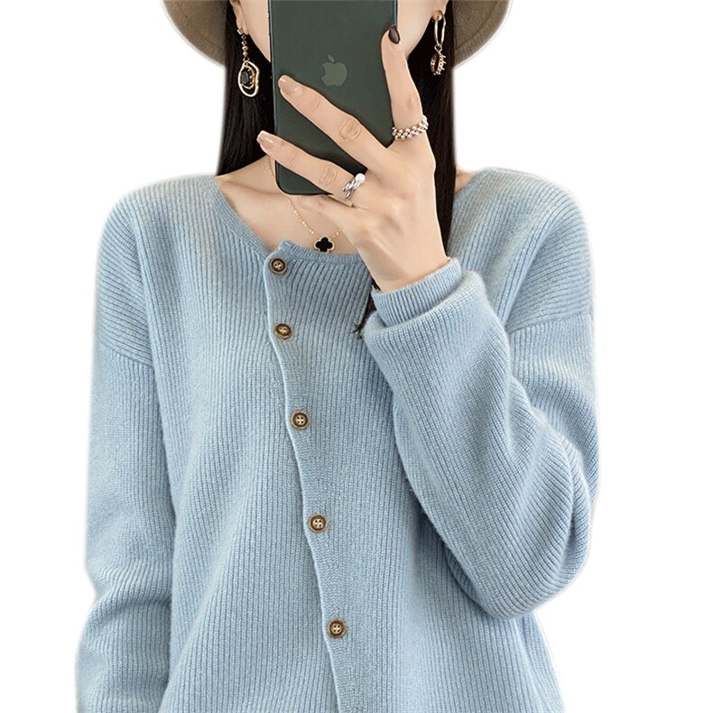 100%纯羊毛开衫女秋冬新款斜扣宽松慵懒羊绒衫外套毛衣长袖打底衫,女装羊毛衫,琳尚羊绒