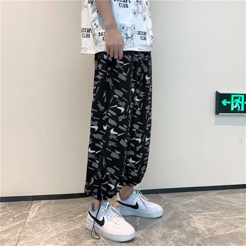 阔腿运动男生宽松束脚印花裤子灯笼萝卜九分卫裤高街ins K551-P32图片
