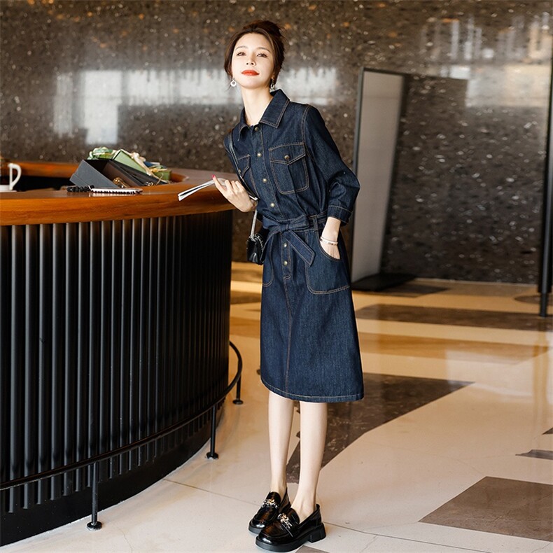 时尚显瘦牛仔连衣裙女新款气质长袖收腰显高裙子春秋季韩版潮,女装连衣裙,秋水欣儿