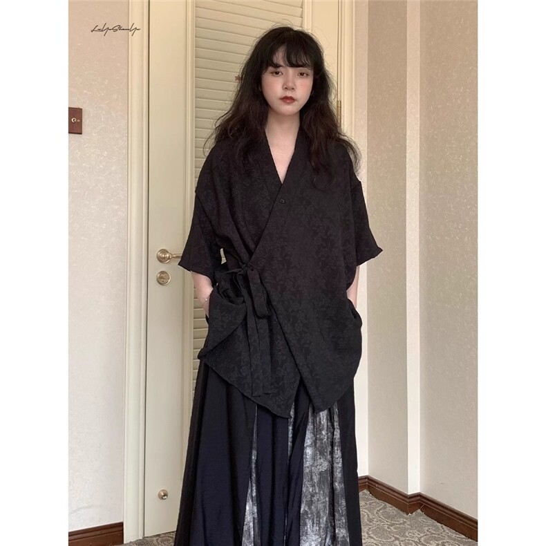 夏季复古山本耀司风花卉刺绣新中式道袍绑带短袖衬衫外套男女衬衣图片
