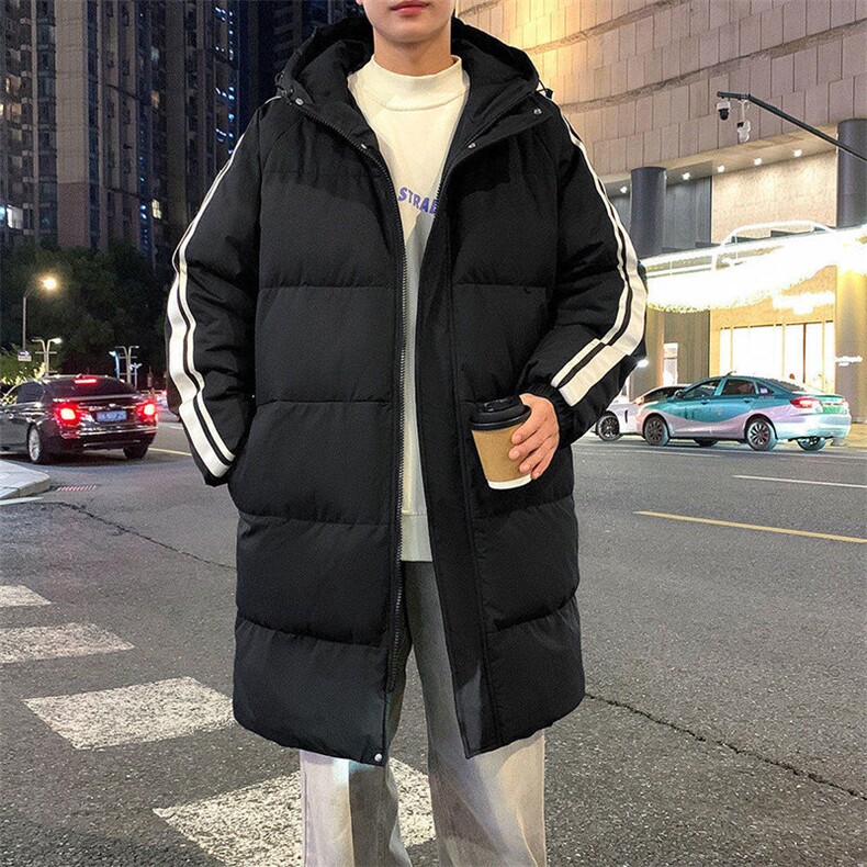 侧边条纹连帽中长款棉衣男宽松潮流冬季加厚御寒保暖棉服大衣外套，男装棉衣，电商A409-1