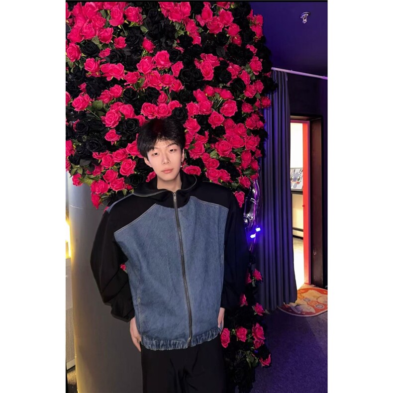牛仔拼接短款垫肩外套男春秋hiphop美式高街潮牌痞帅宽松连帽夹克图片