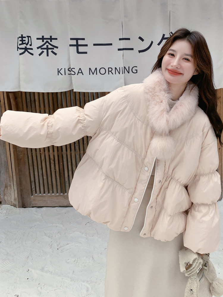 新款现！真狐狸毛保暖粉色羽绒服外套2C133-6003-P280-K408,女装羽绒服,2C133