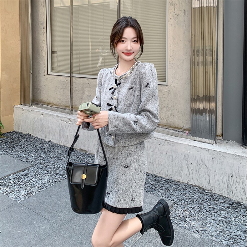 灰色名媛小香风套装裙女2025春季新款轻奢高级感气质半身裙两件套,女装套装/套裙,1D102-1