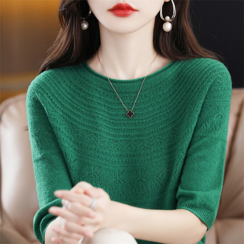 一线成衣卷边圆领羊绒衫女短袖宽松显瘦上衣羊毛针织打底衫,针织衫/毛衣,大美人高端店