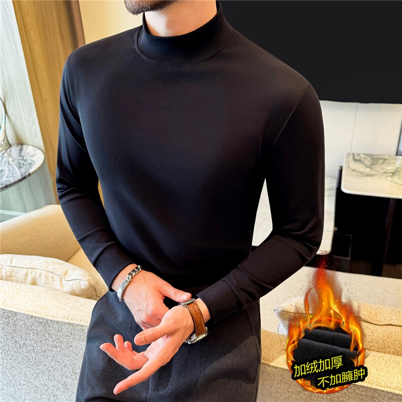 加厚加绒保暖半高领弹力t恤修身长绒棉中领打底衫长袖男JR282-P50，男装T恤，电商A213