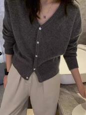 时尚百搭秋季新款单排扣V领长袖开衫显瘦修身羊毛针织外套女，女装短外套，德聚羊绒