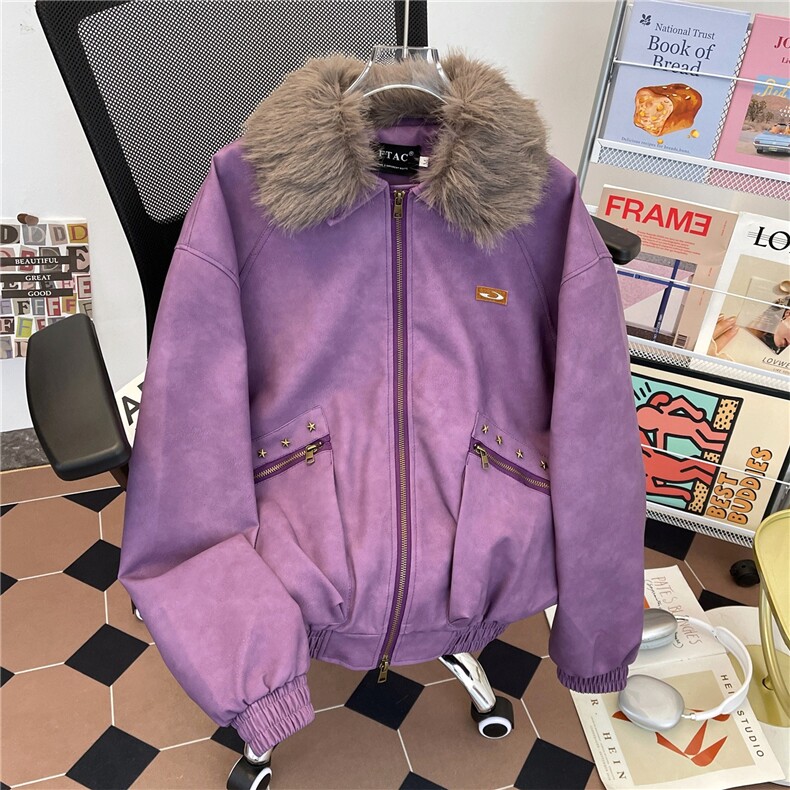 美式复古皮衣夹克女秋冬季可拆卸毛领紫色外套宽松休闲高级感上衣,男装夹克,星座506A