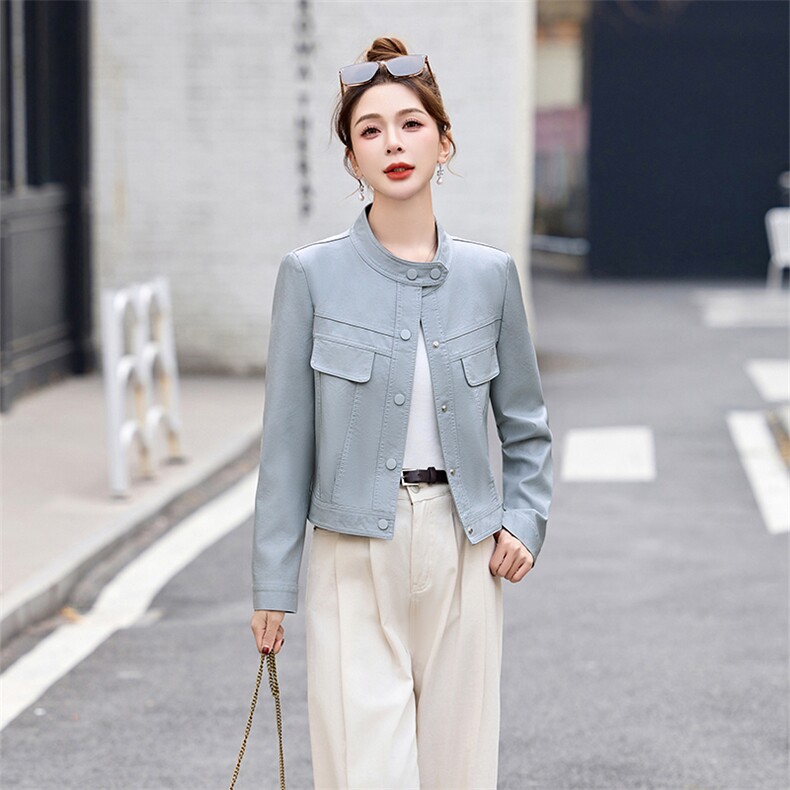 2026春季新款修身短款皮衣外套,女装皮衣,自然秀