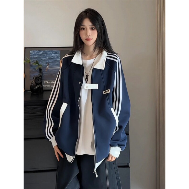 网图美式拼接三条杠卫衣男女款春秋季重磅潮牌百搭情侣条纹外套,女装短外套,四季星座505