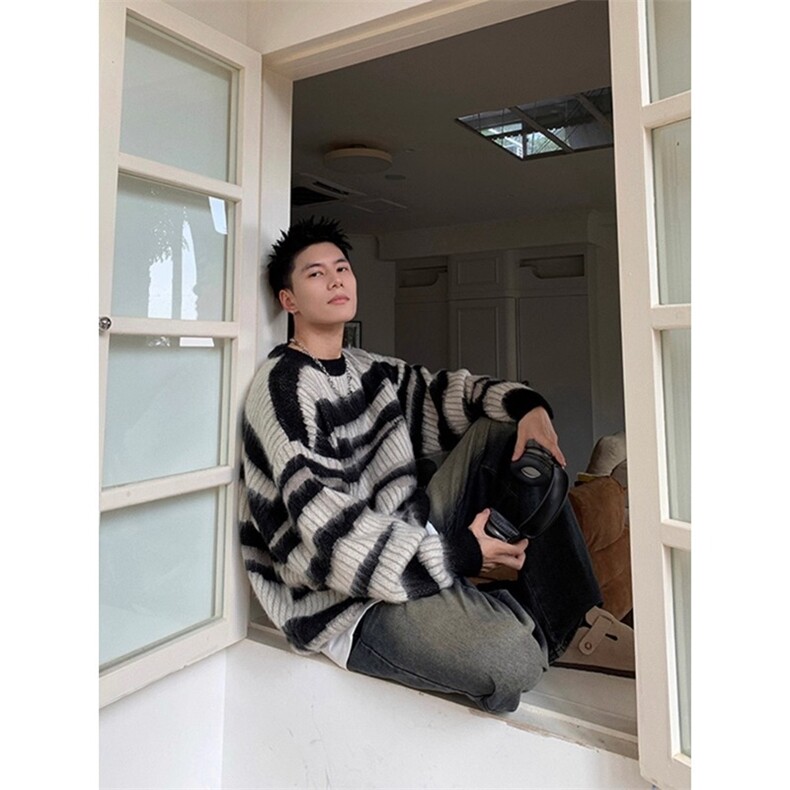 特P35黑白条纹马海毛毛衣男款-610A-MY9118,男装针织衫/毛衣,星座610A