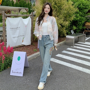 新中式风复古刺绣提花薄款防晒空调服夹克短款外套+牛仔裤套装图片