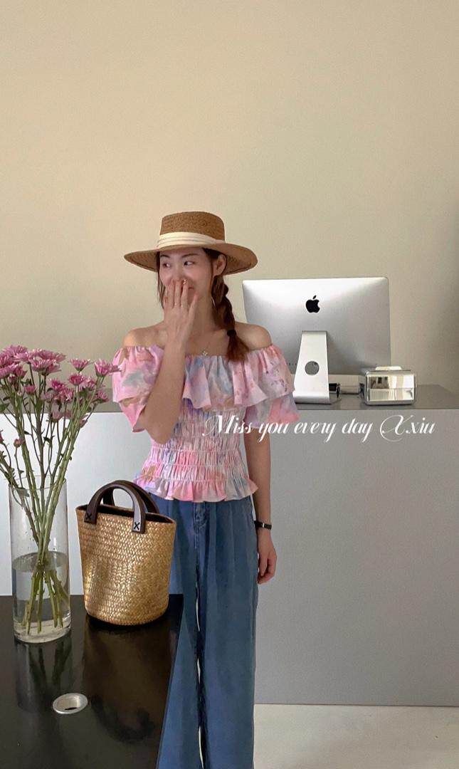 ）夏季新款牛津收腰一字肩荷叶边上衣（三色.m?l，其它，新袖