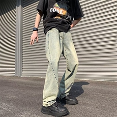 水洗长裤潮直脚牛仔裤气质日系宽松直筒拉链简约男青春流行夏季，男装牛仔裤，星座716-4