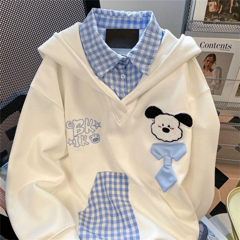 刺绣可爱狗狗格子假两件卫衣女秋季宽松学院风拼接polo领薄款外套图片