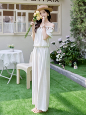 现货新款气质套装女2025年夏季新款一字领衬衫阔腿长裤两件套，女装套装/套裙，美静678