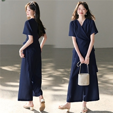 时尚休闲棉麻两件套裤2026年夏季时尚潮流，女装套装/套裙，江南富贵女