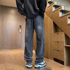 春秋松紧腰牛仔裤男直筒休闲水洗潮牌日系复古痞帅设计感潮流裤子，男装牛仔裤，星座410-7