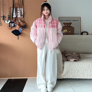 冬季新款韩版拼接格子立领棉服外套女保暖宽松百搭面包服棉衣女潮图片