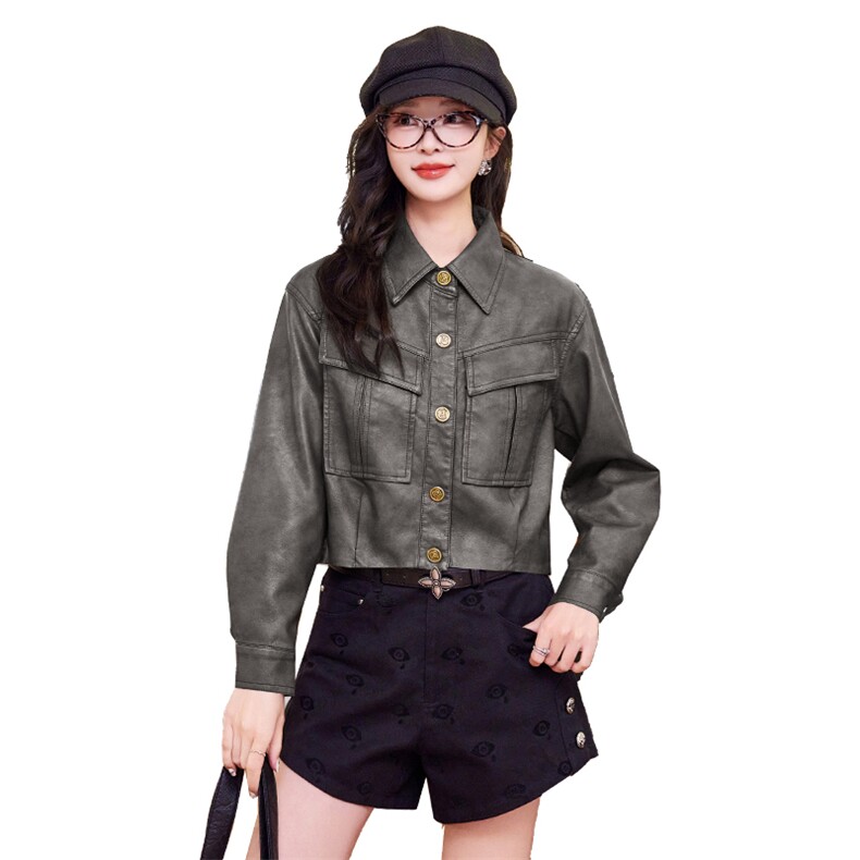 春装现货】美拉德网红风格皮衣小个子减龄外套2024年春季,女装皮衣,韩蜜菓