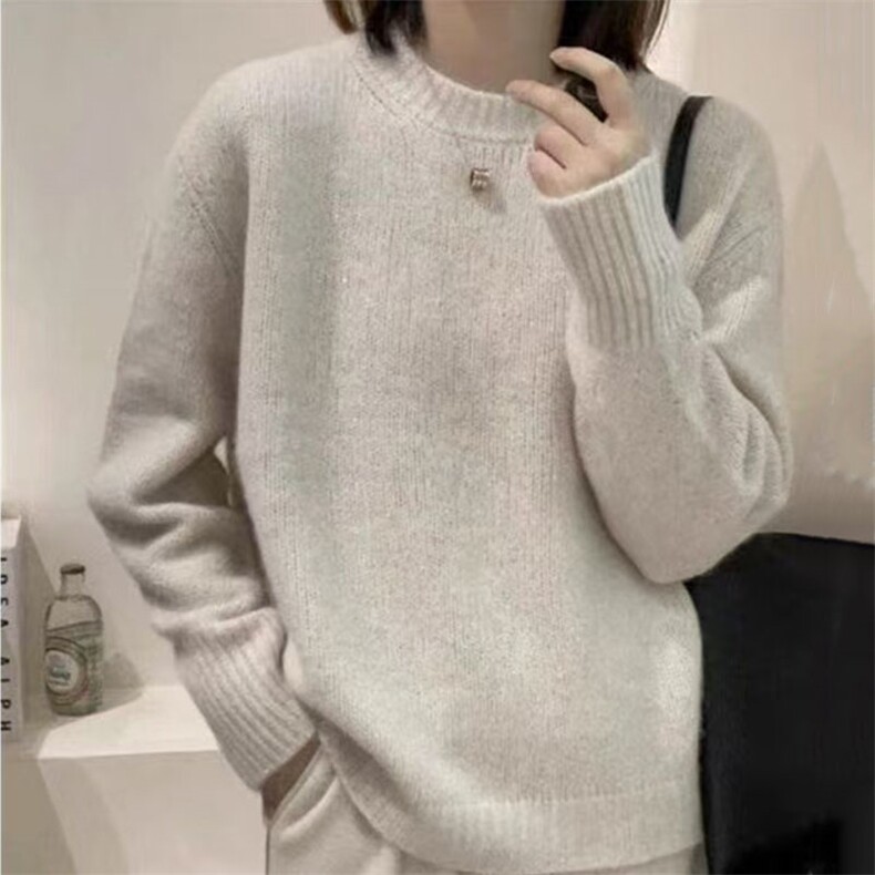 圆领亮闪羊绒毛衣女2025冬季法式宽松外穿亮丝针织衫羊毛打底上衣,针织衫/毛衣,萱芳婷羊绒
