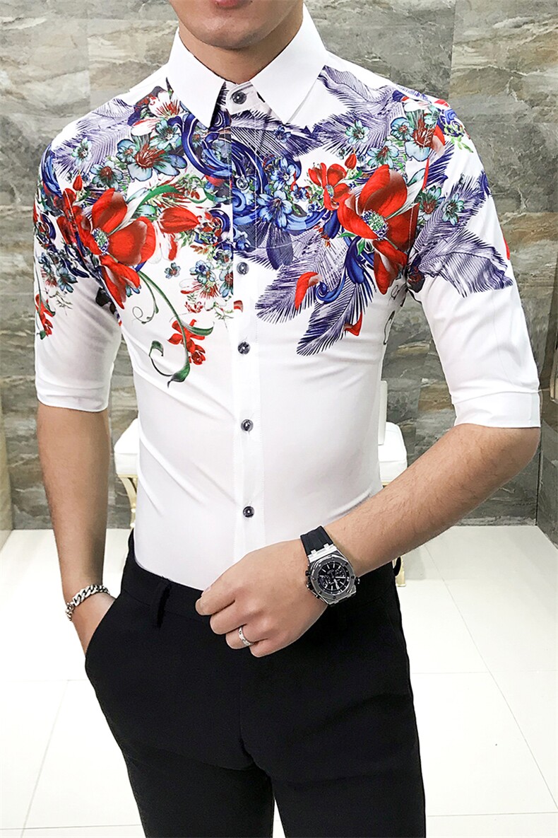 2021新款男士个性花衬衫修身七分袖夜店发型师衬衣工作服D449,男装衬衫,星座419（原A233）