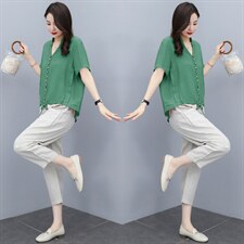 2022夏装新款时尚气质优雅宽松显瘦舒适亚麻两件套套裤，女装套装/套裙，铭街依杨
