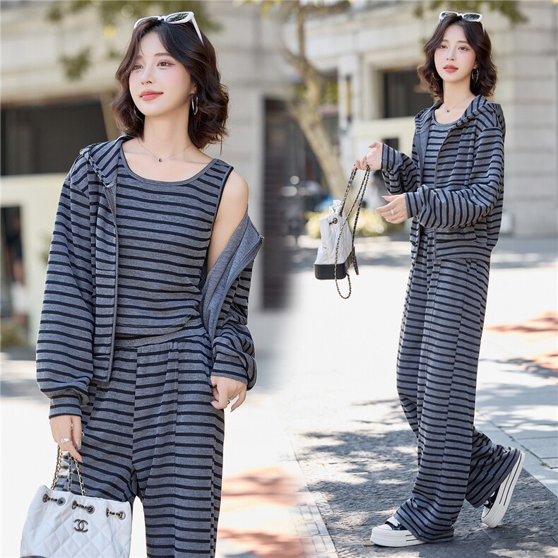 3123时尚连帽条纹休闲三件套，女装套装/套裙，香莘料