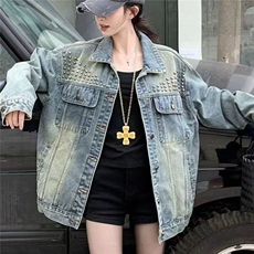 JK29-P722025美式复古水洗重工铆钉牛仔外套女宽松潮流痞帅夹克，男装工装外套，电商B323A
