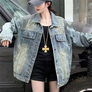 JK29-P72 2025美式复古水洗重工铆钉牛仔外套女宽松潮流痞帅夹克图片
