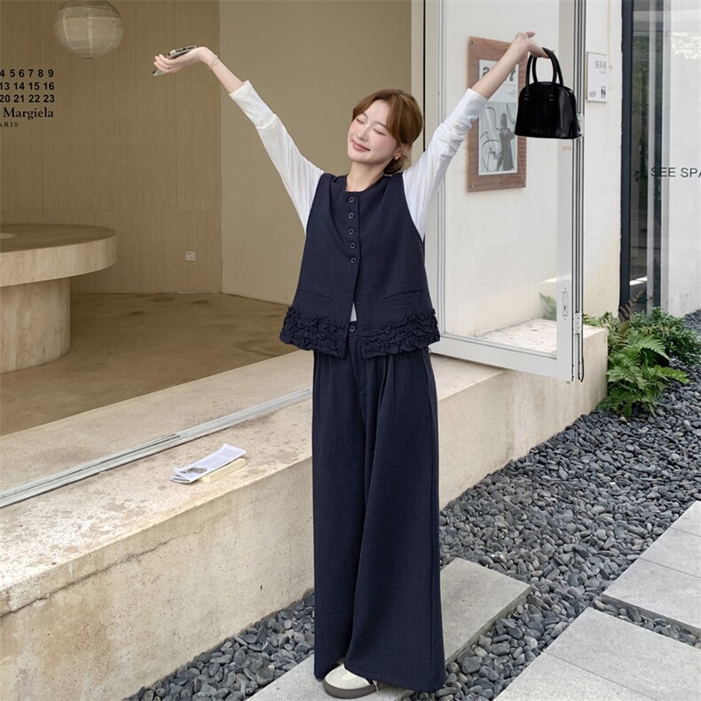 老钱风时髦马甲套装女秋季2025新款韩系巨好看的高腰阔腿裤两件套,女装套装/套裙,2C129