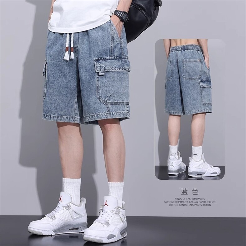 工装牛仔短裤男士夏季薄款2025新款宽松抽绳运动休闲五分裤,男装牛仔裤,星座1210-1