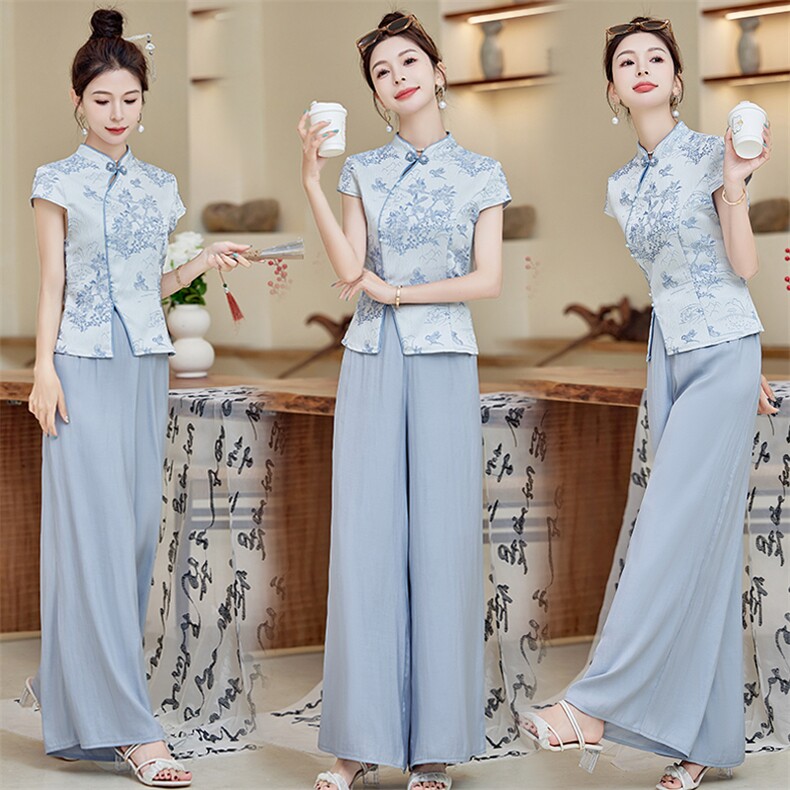 《48H》2025新中式提花盘扣斜门襟上衣+阔腿裤，女装套装/套裙，难舍钰依