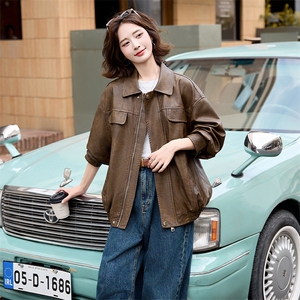 美拉德皮衣外套女早秋学院风棕色皮衣美式痞帅皮夹克2024新款高级图片