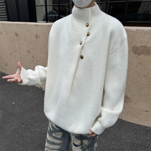 不规则纽扣设计感高领毛衣男韩系潮牌痞帅慵懒oversize针织衫上衣图片