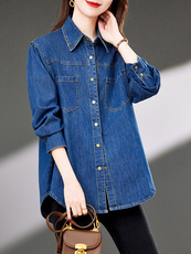 蓝色牛仔衬衫外套女宽松2025春秋新款中年妈妈减龄薄款牛仔外套潮，女装衬衫，靓衣阁