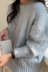 奶蓝色麦穗套头毛衣女2025秋季新款韩版宽松麻花温柔针织上衣加厚，女装针织衫/毛衣，萱芳婷羊绒