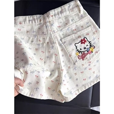 蝴蝶结可爱kitty猫咪牛仔短裤女2025夏新款高腰显瘦直筒阔腿热裤，男装牛仔裤，星座1210-1