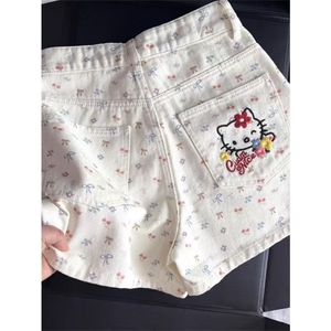 蝴蝶结可爱kitty猫咪牛仔短裤女2025夏新款高腰显瘦直筒阔腿热裤图片