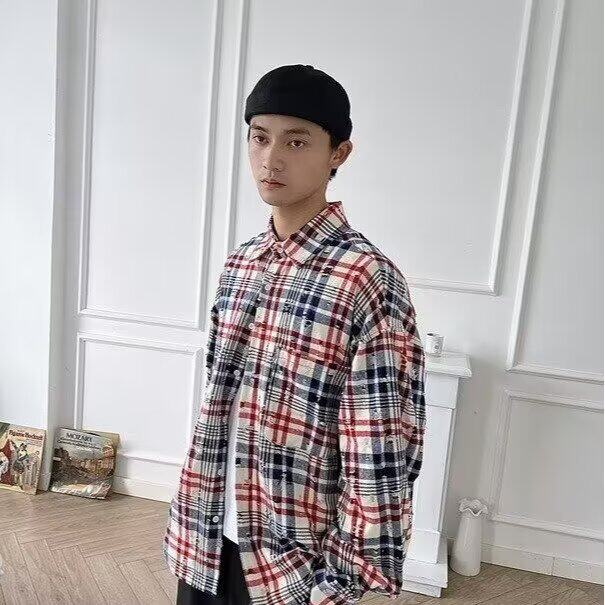 1506/Q30300/P43美式复古设计感拼色条纹长袖衬衫情侣外套男,男装衬衫,星座1506