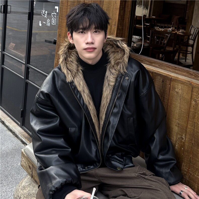 冬季时髦双面穿环保皮草男痞帅连帽皮毛一体外套，女装短外套，电商C307