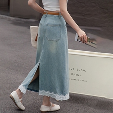 牛仔半身裙女春秋2025新款小个子高腰a字中长款浅色开叉包臀裙子，女装半身裙，美拉德工厂直营店