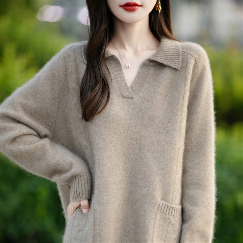 POLO领100%纯羊毛针织衫女外穿宽松毛衣2025秋冬翻领上衣,女装羊毛衫,鲁菏羊绒