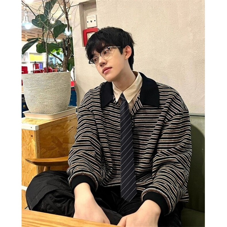 假两件条纹polo衫卫衣男秋季美式学院风dk领带衬衫领外套WBN32,男装衬衫,星座1116A（原606A-3）