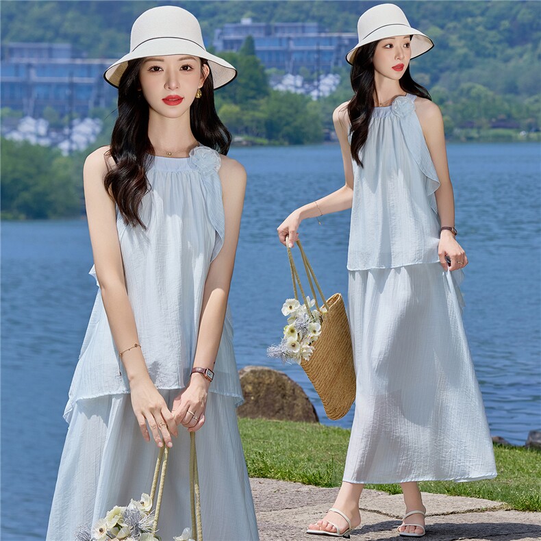 （新款现货）2026夏装时尚挂脖飘带领花上衣+半裙超仙套裙两件套,女装套装/套裙,印象茜
