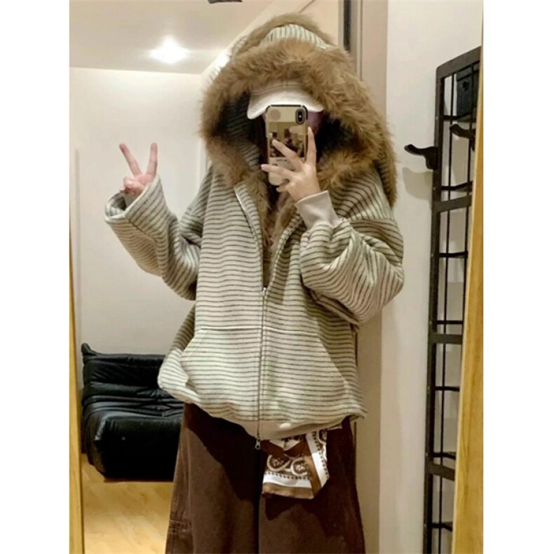 毛领条纹连帽卫衣外套女新款秋冬加绒小众情侣上衣WA279,女装短外套,星座1116A（原606A-3）