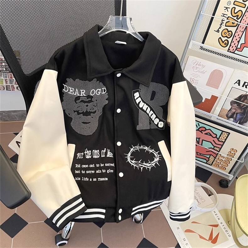 棒球服男宽松翻领重工刺绣美式情侣夹克高级感毛呢外套HH1219 P72图片