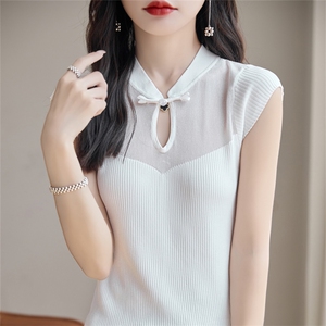 新中式国风网纱冰丝针织短袖t恤女设计小众修身短款小飞袖T恤上衣,女装背心吊带,暖姿羊绒