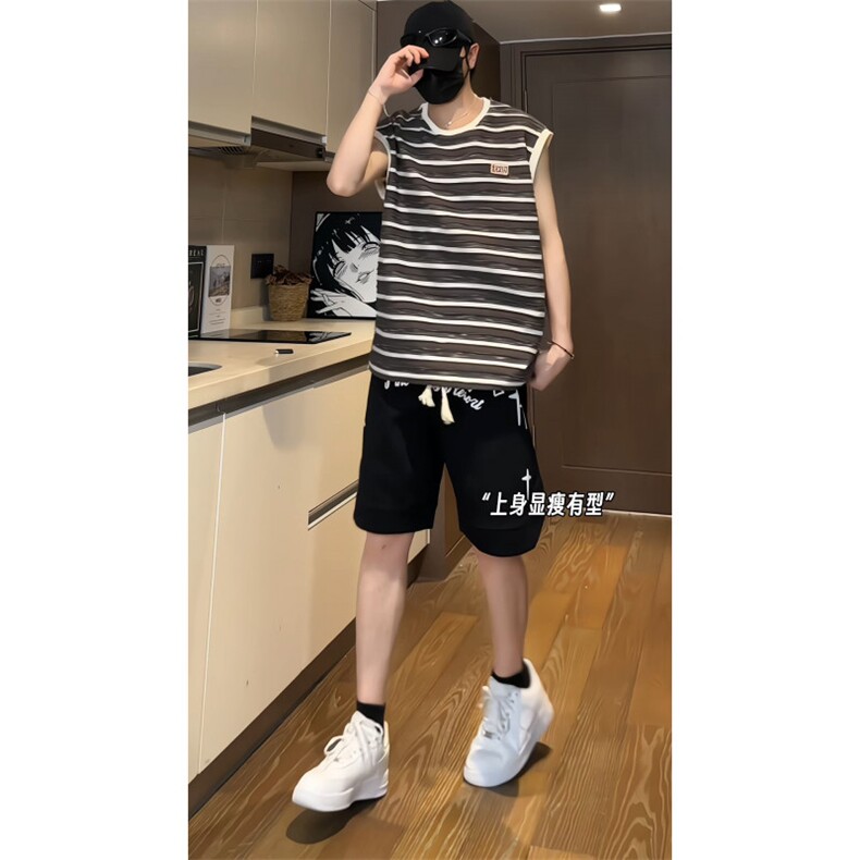 重工洗水撞色条纹毛边背心无袖T恤XB2333-P35控58,男装背心/马甲,电商B370